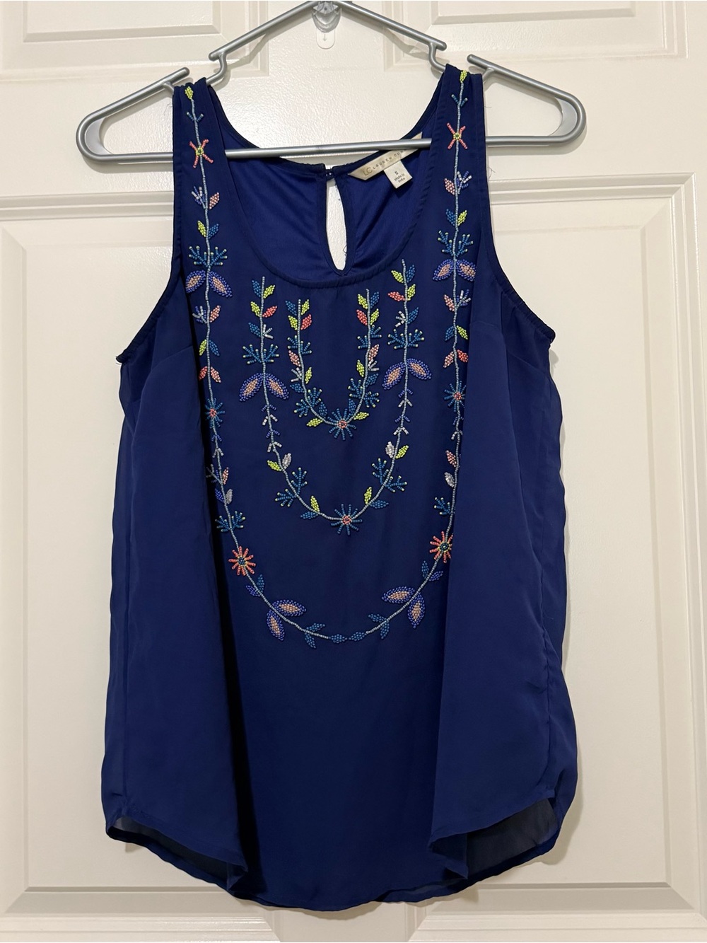Lauren Conrad LC Beaded Embroidered Navy Colorful Vaca Tank Sheer Lined Small